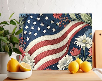 Diseño de sublimación PNG de bandera estadounidense floral, tabla de cortar PNG, tabla de cortar de vidrio PNG, mantel individual sublimado, diseño de bandera patriótica, Día de la Madre