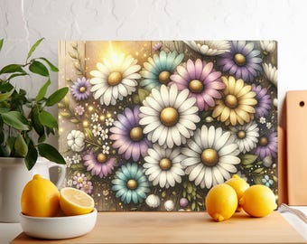 母の日のカッティングボード昇華デザイン、デイジーのカッティングボードPNG、花柄キッチンデコレーション、コテージコアバイブスPNG、サービングトレイ