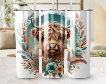 Highland Cow Tumbler, Floral Cow 20oz Seamless Tumbler Wrap, Cute Animal Tumbler Design, Cow Tumbler Wrap, Digital Download, Sublimation