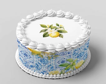 Piastrelle acquerello blu e bianco italiano/Positano e tema limone / Download digitale / Design per torte nuziali, nuziali, baby shower, di compleanno