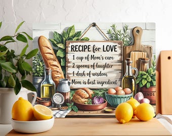 Mother's Day Cutting Board PNG Sublimation Design, Chopping Board PNG SVG Files, Glass Cutting Board png, Recipe for Love, Mom Gift Digital