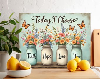 Floral Cutting Board Sublimation Design, Faith Love Hope Joy Chopping Board PNG, Rustic Floral Style Kitchen Decor Positive Affirmations