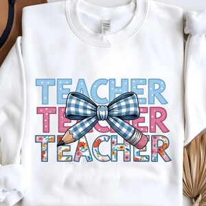 Preppy Teacher Pencil Bow Png, Teacher Png, Teacher Shirt Png,Teach Love Inspire Png, Gift for Teacher, Grandmillennial, Pencil Coquette Png