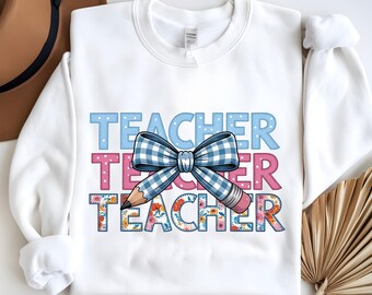 Preppy Teacher Pencil Bow Png, Teacher Png, Teacher Shirt Png,Teach Love Inspire Png, Gift for Teacher, Grandmillennial, Pencil Coquette Png