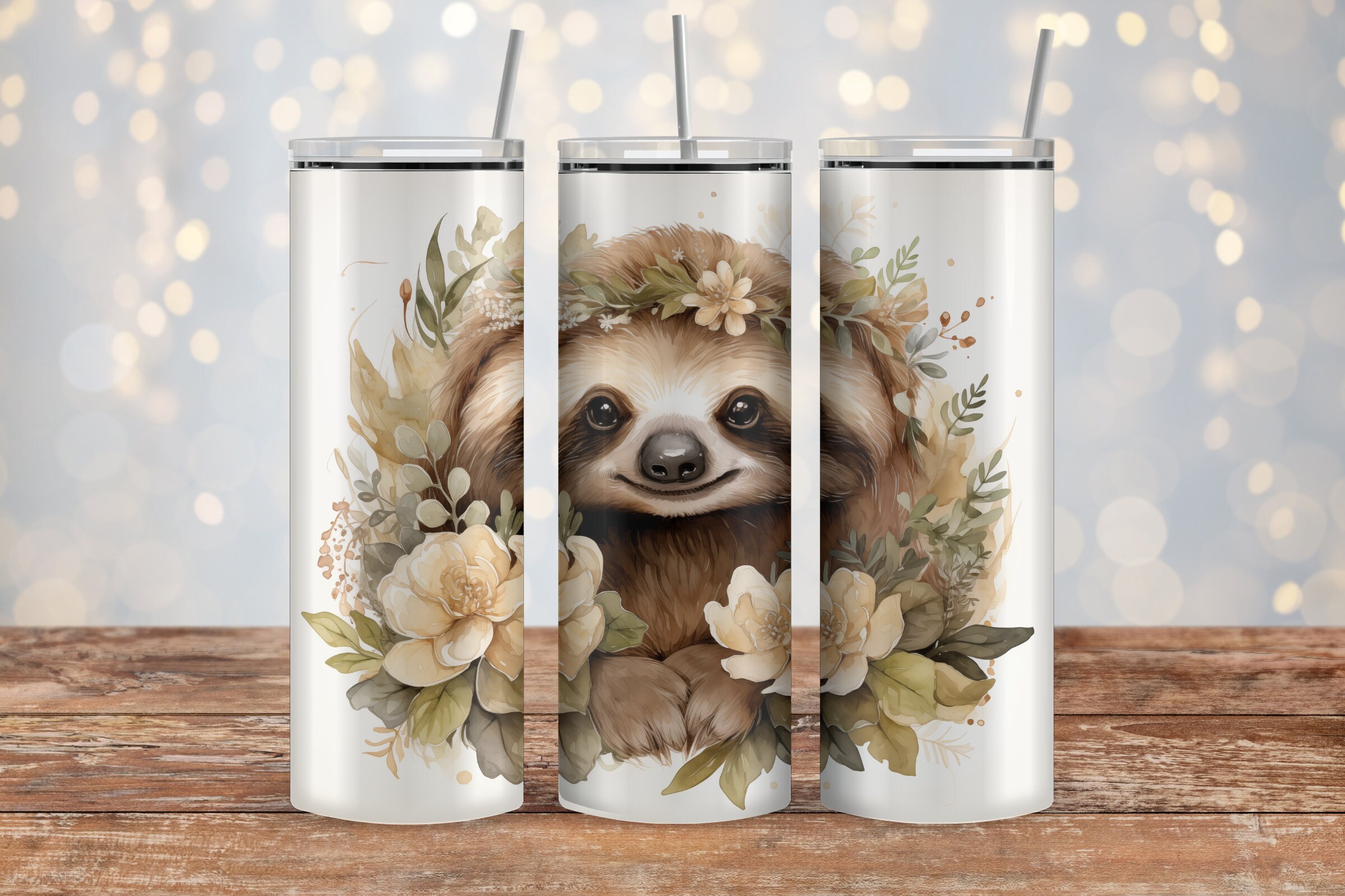 Cute Sloth Boho Floral Design 20 Oz & 30 Oz Skinny Tumbler Sublimation ...
