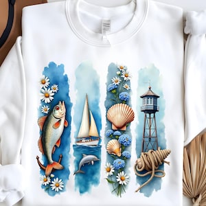 Pincelada de pescador (PNG), diseño de sublimación, imagen costera (PNG), conchas marinas, barco, delfín, diseño de camiseta, suéter, taza, bolso, pegatina, DTF
