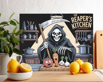 May include: A canvas print featuring a cartoon Grim Reaper in a kitchen setting. The Reaper holds a scythe and stands behind a cutting board with cartoon vegetables. The text "The Reaper's Kitchen" is displayed above. Lemons in a white bowl are in the foreground.