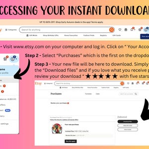 Puede incluir: Una captura de pantalla de una computadora que muestra instrucciones sobre c&oacute;mo acceder a una descarga instant&aacute;nea en Etsy. Las instrucciones incluyen visitar el sitio web de Etsy, iniciar sesi&oacute;n, hacer clic en "Tu cuenta", seleccionar "Compras" y hacer clic en "Descargar archivos". La imagen tambi&eacute;n incluye un sistema de calificaci&oacute;n de cinco estrellas.