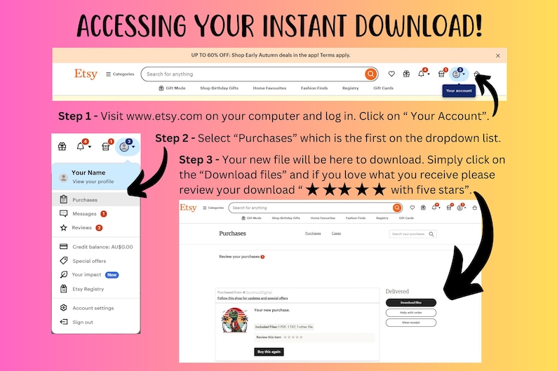 Puede incluir: Una captura de pantalla de una computadora que muestra instrucciones sobre c&oacute;mo acceder a una descarga instant&aacute;nea en Etsy. Las instrucciones incluyen visitar el sitio web de Etsy, iniciar sesi&oacute;n, hacer clic en "Tu cuenta", seleccionar "Compras" y hacer clic en "Descargar archivos". La imagen tambi&eacute;n incluye un sistema de calificaci&oacute;n de cinco estrellas.