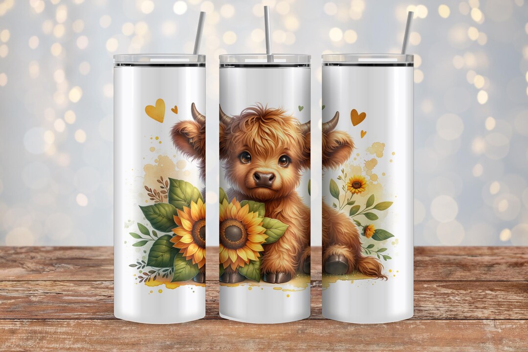 Cute Baby Highland Cow With Sunflowers / 20 Oz & 30 Oz Skinny Tumbler ...