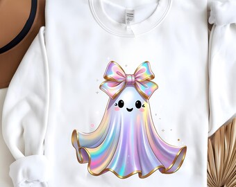 Kawaii Ghost PNG Clipart: Iridescent Bow, Halloween Sublimation (Digital Download)