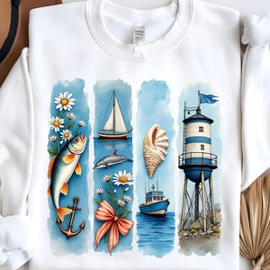 Pincelada de pescador (PNG), diseño de sublimación, imagen costera (PNG), conchas marinas florales, barco, delfín, diseño de camiseta, suéter, taza, bolso, pegatina, DTF