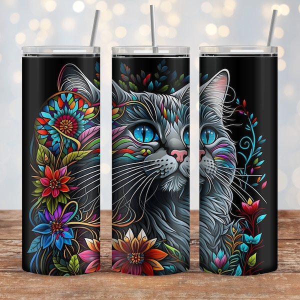 Chat en vitrail et fleurs 20 oz & 30 oz Skinny Tumbler Sublimation Design / Straight + Tapered / Tumbler Wrap PNG / Plus Image PNG File