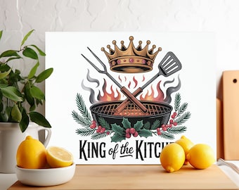 King of the Kitchen PNG-sublimatieontwerp, digitale snijplank png, glazen snijplank png, placemat png, vader BBQ-cadeau snijplank