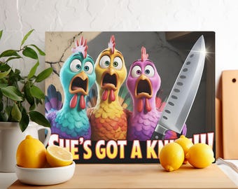 Funny Chickens Cutting Board PNG, She's Got a Knife, Chicken Art, Kitchen Decor, Chef Gift, Cooking Humor, Glass Cutting Board PNG
