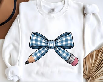 Preppy Gingham Pencil Bow Png, Teacher Png, Teacher Shirt Png,Teach Love Inspire Png, Gift for Teacher, Grandmillennial, Pencil Coquette Png