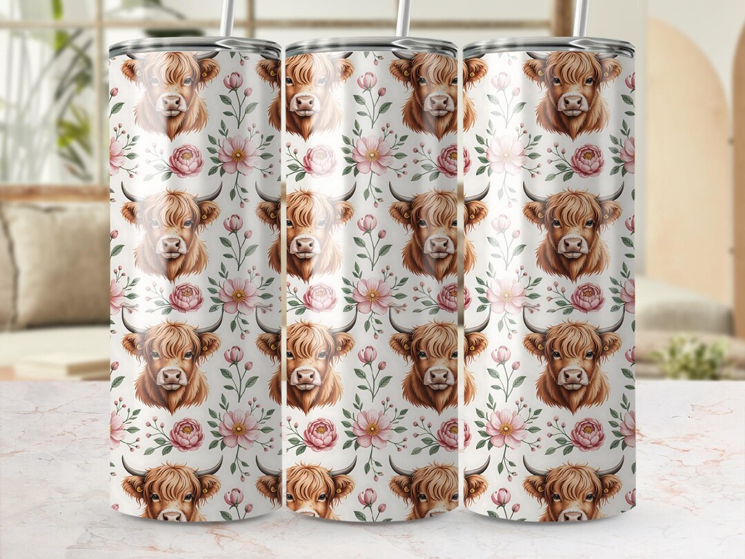 Highland Cow 20oz Tumbler Wrap PNG, Floral Cow Tumbler Design, Cute ...