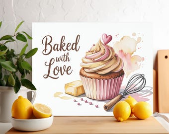 May include: A white canvas print featuring a cupcake illustration with pink and beige frosting, a heart, and the text "Baked with Love." A whisk, butter, and lemons are also shown.