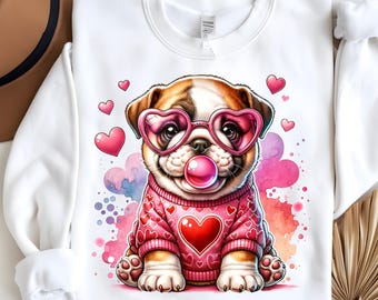 Englische Bulldogge Png, Valentinstag Sublimationsdesign, lustiger Hund Png, rosa Bubblegum Png, Welpe Png, T-Shirt Design