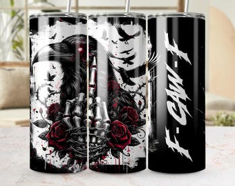 Raven F-Caw-F 20oz Tumbler Wrap PNG, Crow Skeleton Hand Roses Tumbler Design, Grunge Sublimation Tumbler Wrap, Gothic Tumbler Download