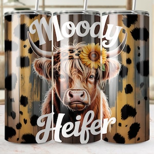 Moody Heifer 20oz Tumbler Wrap, Cow Print, Highland Cow, Sunflower, Animal Print, Cute Cow, Sublimation Design, Funny, Full Tumbler Wrap