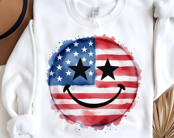 Bandera de EE. UU., cara sonriente PNG, diseño patriótico de acuarela PNG, diseño grunge moderno, camiseta sudadera DFT, descarga digital