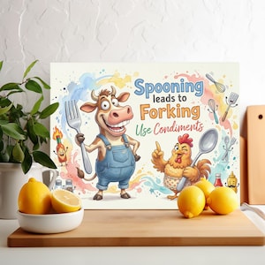 May include: A whimsical kitchen art print featuring a cartoon cow holding a fork and a chicken with a spoon. The text reads "Spooning leads to Forking, Use Condiments." The artwork is set against a colorful watercolor background, with lemons in the foreground.