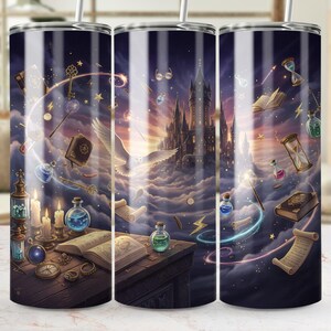May include: Three stainless steel tumblers with a fantasy design. The artwork depicts a castle in the clouds, floating books, potions, keys, and a wand. The colour scheme includes blues, purples, and gold.