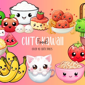 Kawaii Essen Clipart | Über 40 süße Lebensmittel Grafiken | Kawaii PNG-Bundle | Niedliche druckbare Aufkleber T-Shirt Becher DFT Keyring Design Kommerzielle Nutzung