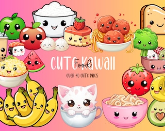 Kawaii Food Clipart | Over 40 Cute Food Graphics | Kawaii PNG Bundle | Cute Printable Stickers T-Shirt Mug DFT Keyring Design Commercial Use