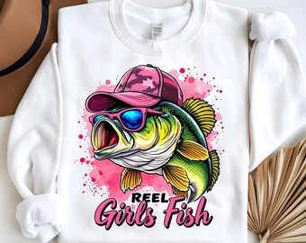 Reel Girls Fish Png, Sublimation Design, Women Fishing Png, Lady Fishing Png, Largemouth Bass Png, T-Shirt Design, Instant Download Png, DTF