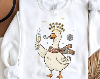 Happy New Year Goose PNG Clipart, Cute Animal, Party, Celebration, Funny Goose, Disco Ball, Champagne, Scarf, Party Favor, Printable Art