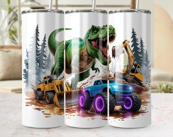 Envoltorio para vaso de 20 oz de T-Rex Trucks, diseño de excavadora de camión monstruo de dinosaurio, vaso para vehículos de construcción, vaso divertido para niños, vaso único