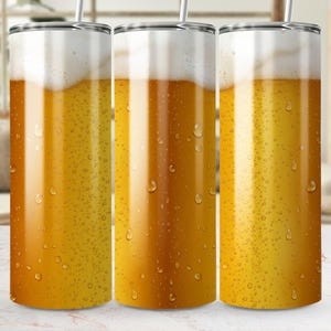 May include: Three stainless steel insulated tumblers with a beer design. The tumblers feature a realistic depiction of beer with foam and condensation. Each tumbler has a silver lid and a straw.