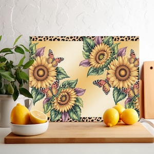 Floral Cutting Board Sublimation Design, Butterflies and Sunflowers Chopping Board PNG, Rustic Floral Style Kitchen Decor