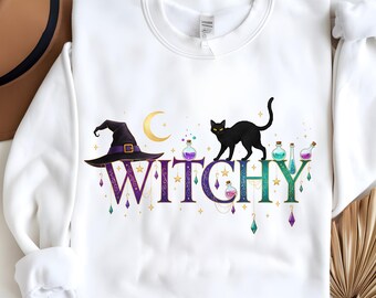 Witchy Clipart PNG, Halloween Design, Witch Hat, Black Cat, Potion Bottles, Crescent Moon, Digital Download, Spooky Season, Magical Image