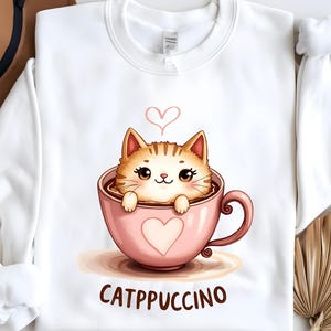 Catppuccino Png, Sublimation, Png mignon chat qui aime le café, Idée cadeau pour maman chat, T-shirt, Mug, Mug fourre-tout, DTF