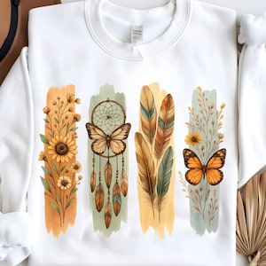 Boho Wildflowers Brushstroke PNG, Boho Feathers Sunflowers Dreamcatcher Sublimation PNG, Tshirt Sweatshirt Mug Tote DTF