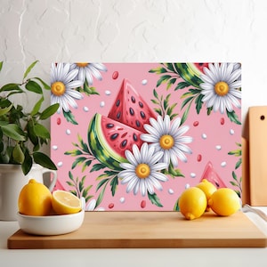 Spring Cutting Board Sublimation Design, Watermelon and Daisies Chopping Board PNG, Spring Summer Vibe Placement, Bright Style Kitchen Decor