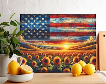 Conception de sublimation PNG du drapeau des États-Unis de tournesol, planche à découper png, planche à découper en verre png, sublimation de napperon, conception de drapeau patriotique, idée cadeau