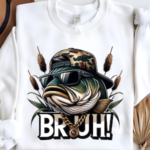 Basse BRUH ! Png, Design rétro pour la pêche à l'achigan, dicton amusant, Design rétro avec camouflage, T-shirt pour garçon, Téléchargement instantané Png, DTF