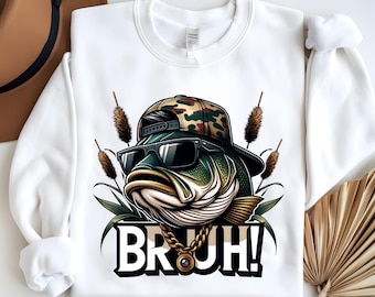 Bass BRUH! Png, Bass Fishing Sublimation Design, Funny Saying, Fish Wearing Camo Retro Design, Boy T-Shirt Design, Instant Download Png, DTF