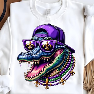 Mardi Gras Alligator Png, Design en sublimation de la Nouvelle-Orléans, Gator lunettes de soleil chapeaux de perles PNG, Design de T-Shirt, téléchargement immédiat Png, DTF