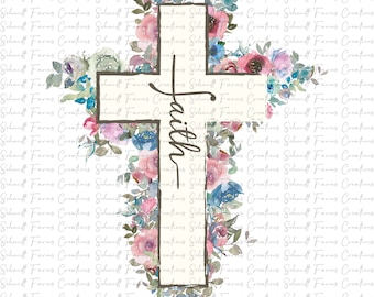May include: A white cross with the word "Faith" written vertically on it. The cross is surrounded by pink and blue watercolor flowers.