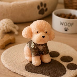Puede incluir: Una figura de caniche color melocotón claro con pelaje rizado y texturizado, que lleva un chaleco de color bronce metálico. El perro está sentado con una nariz negra y ojos oscuros sobre una alfombrilla redonda beige con una huella marrón.