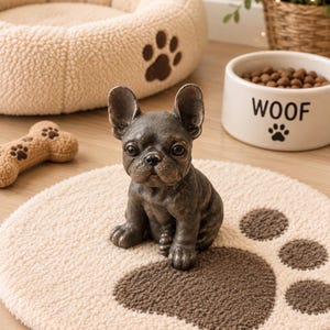 Könnte beinhalten: Eine dunkelbronzefarbene Französische Bulldoggen-Figur sitzt auf einer runden, cremefarbenen, strukturierten Matte mit einem großen braunen Pfotenabdruck. Die Figur hat detaillierte Gesichtszüge, aufrechte Ohren und eine metallisch wirkende Oberfläche.
