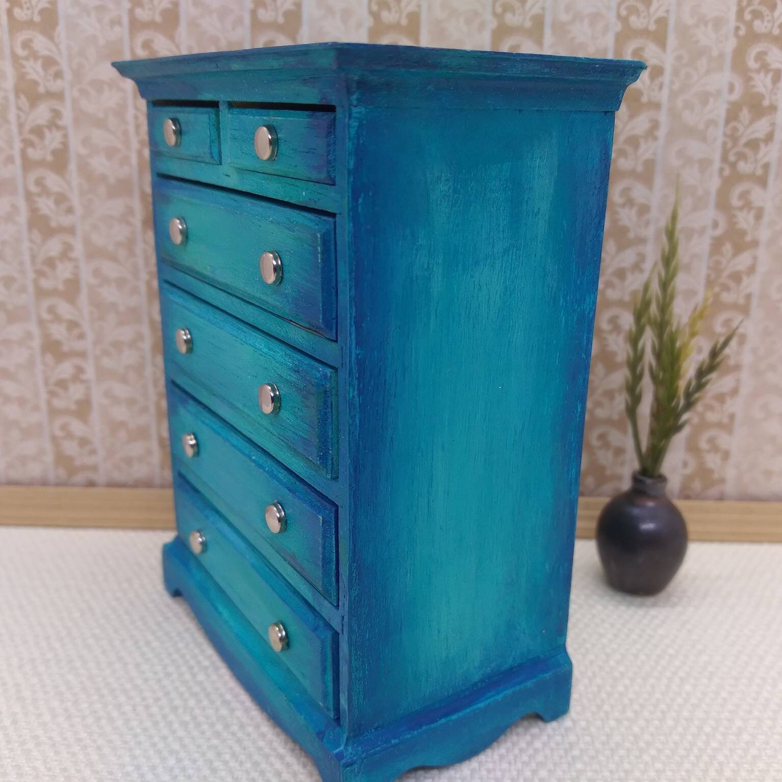 Modern Miniature Dresser in 112 Scale. Blended Colors in Ocean Blues