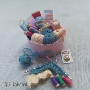 Craftroom Knitting Sewing Hatbox in 1:12 miniature with knitting on Needles, Balls of Yarn, Buttons, Thread, Ribbons, Lace & More