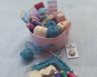 Craftroom Knitting Sewing Hatbox in 1:12 miniature with knitting on Needles, Balls of Yarn, Buttons, Thread, Ribbons, Lace & More