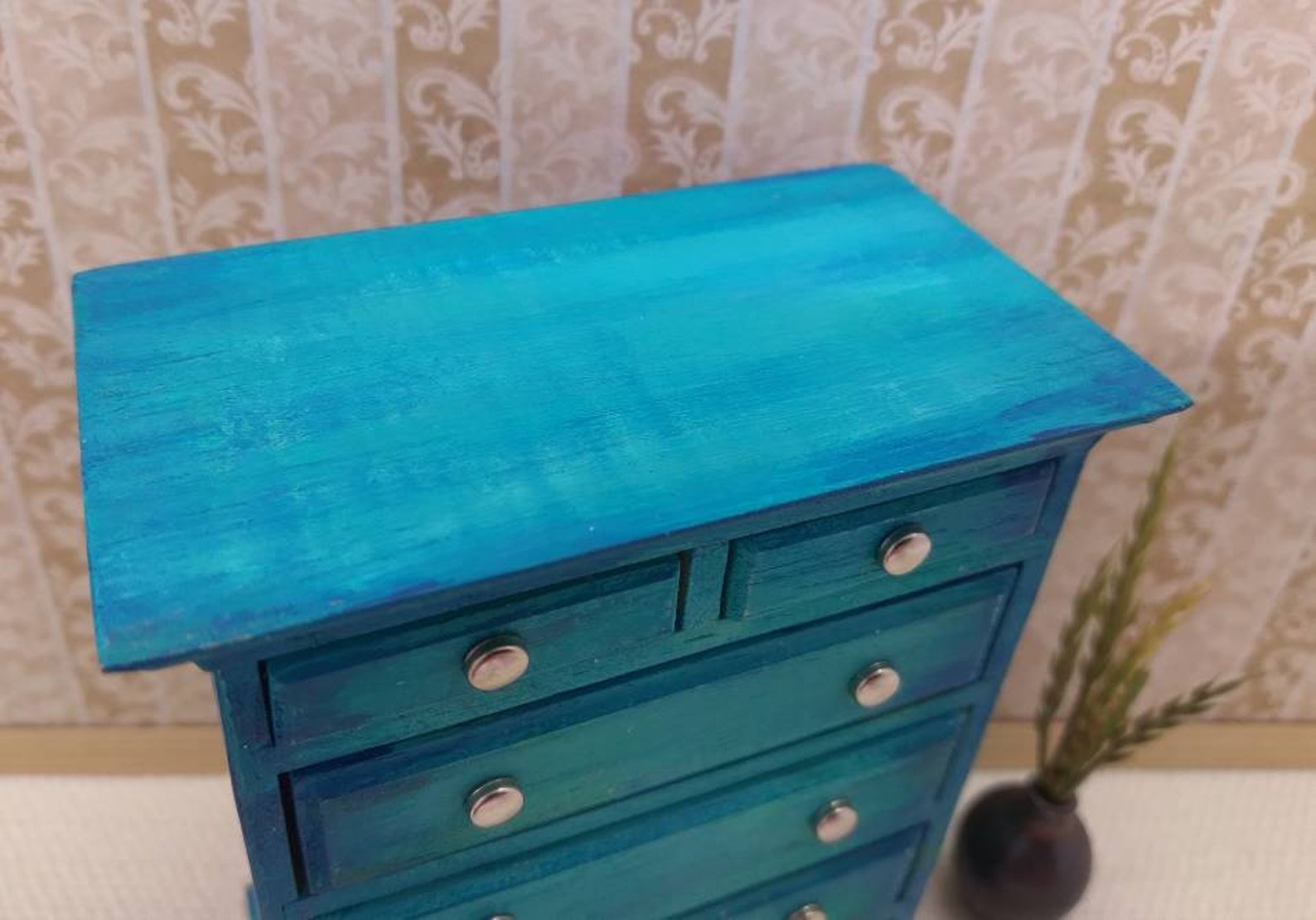 Modern Miniature Dresser in 112 Scale. Blended Colors in Ocean Blues